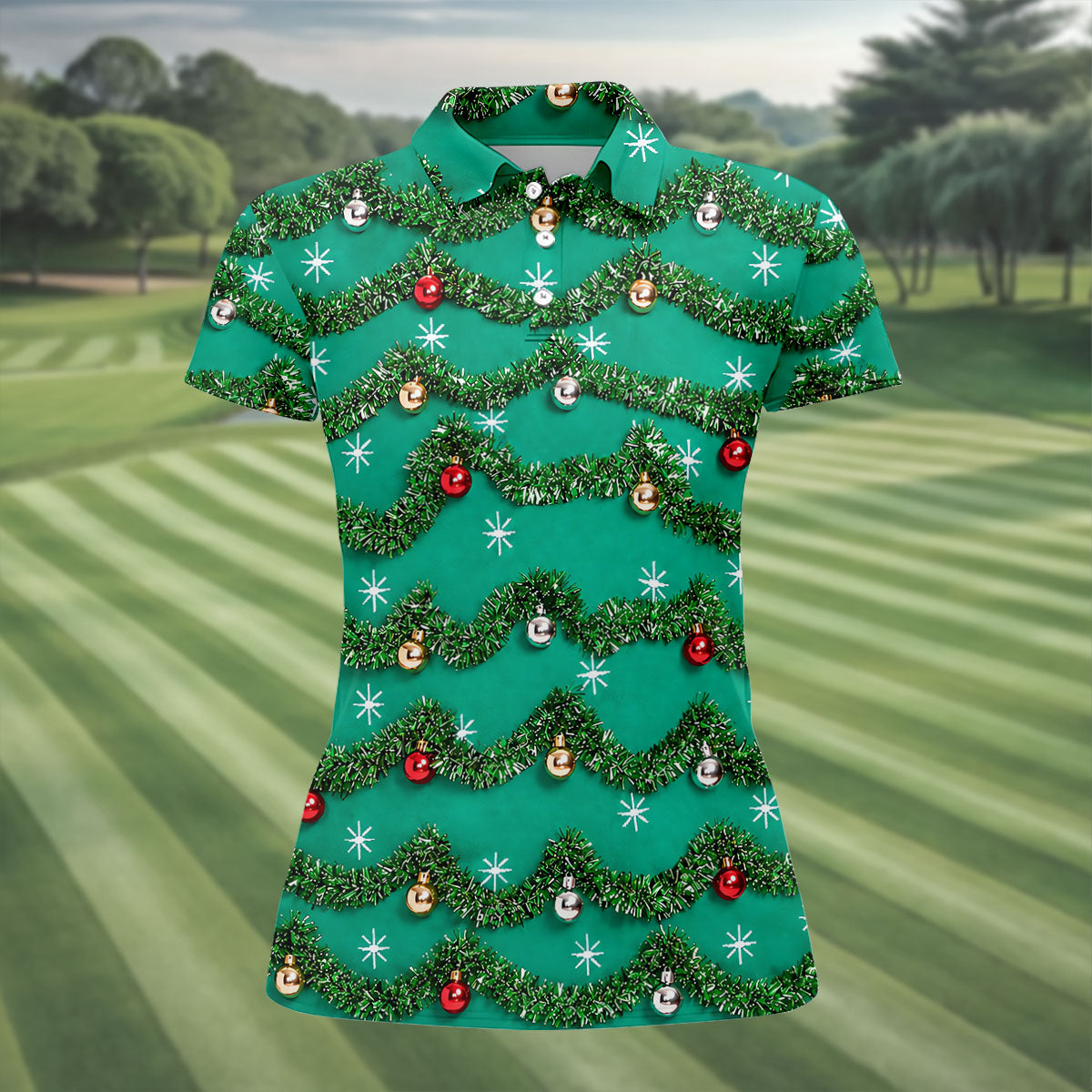 Tinsel Garland Ornaments Christmas Golf Shirt, Ladies Golf Shirts, Womens Golf Shirts