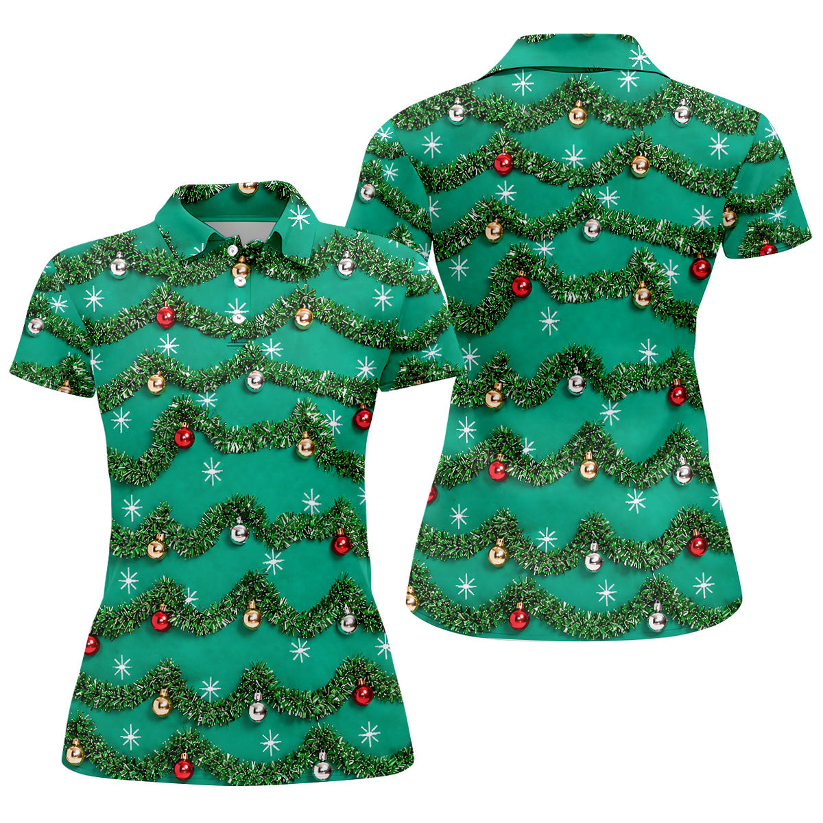 Tinsel Garland Ornaments Christmas Golf Shirt, Ladies Golf Shirts, Womens Golf Shirts