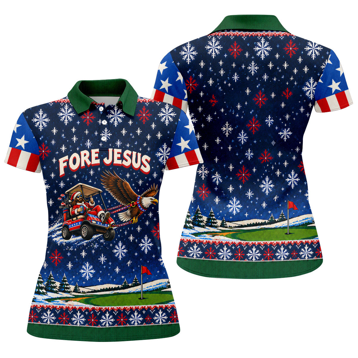 Fore Jesus Eagle Flag Christmas Golf Shirt, Womens Golf Clothing, Womens Golf Apparel