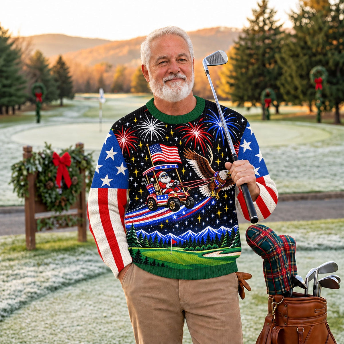 Eagle Santa Golf Cart Ugly Christmas Sweater, Funny Christmas Outfit, Funny Xmas Gift