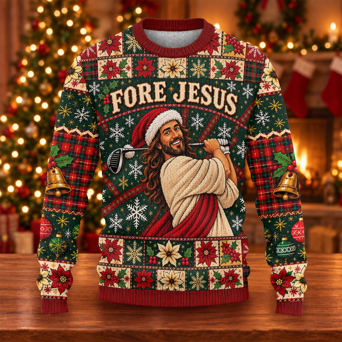 Fore Jesus Santa Hat Ugly Christmas Sweater, Christmas Sweater Gift, Golf Lover Gifts