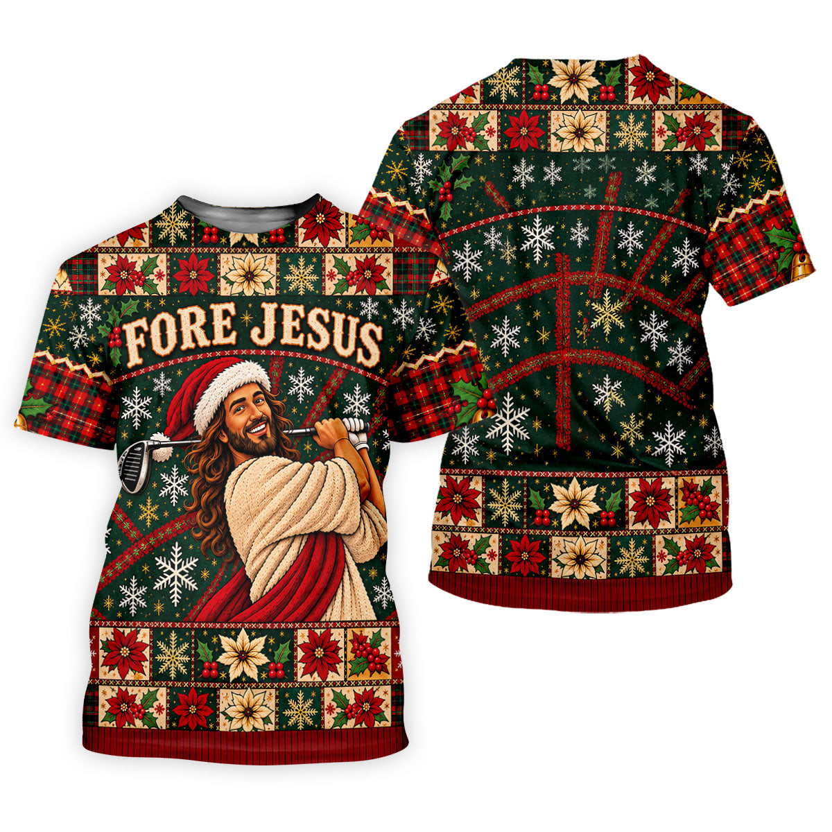 Fore Jesus Santa Hat Christmas Golf Shirt, Mens Golf Shirts, Mens Holiday Golf Shirts