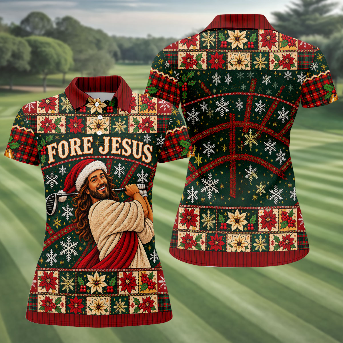 Fore Jesus Santa Hat Christmas Golf Shirt, Golf Shirts For Women, Womens Golf Shirts