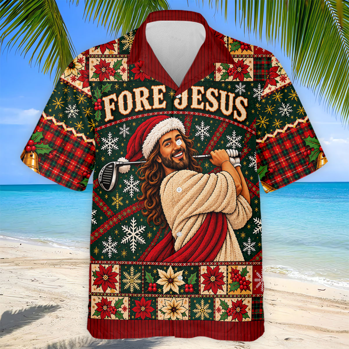 Fore Jesus Santa Hat Christmas Golf Shirt, Mens Golf Shirts, Mens Holiday Golf Shirts
