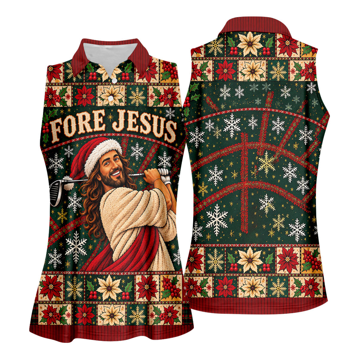 Fore Jesus Santa Hat Christmas Golf Shirt, Golf Shirts For Women, Womens Golf Shirts