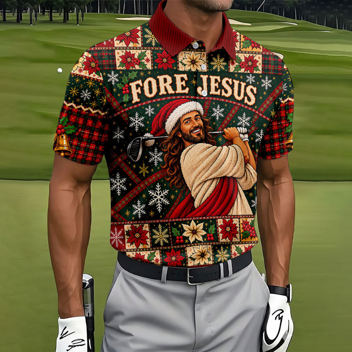 Fore Jesus Santa Hat Christmas Golf Shirt, Mens Golf Shirts, Mens Holiday Golf Shirts