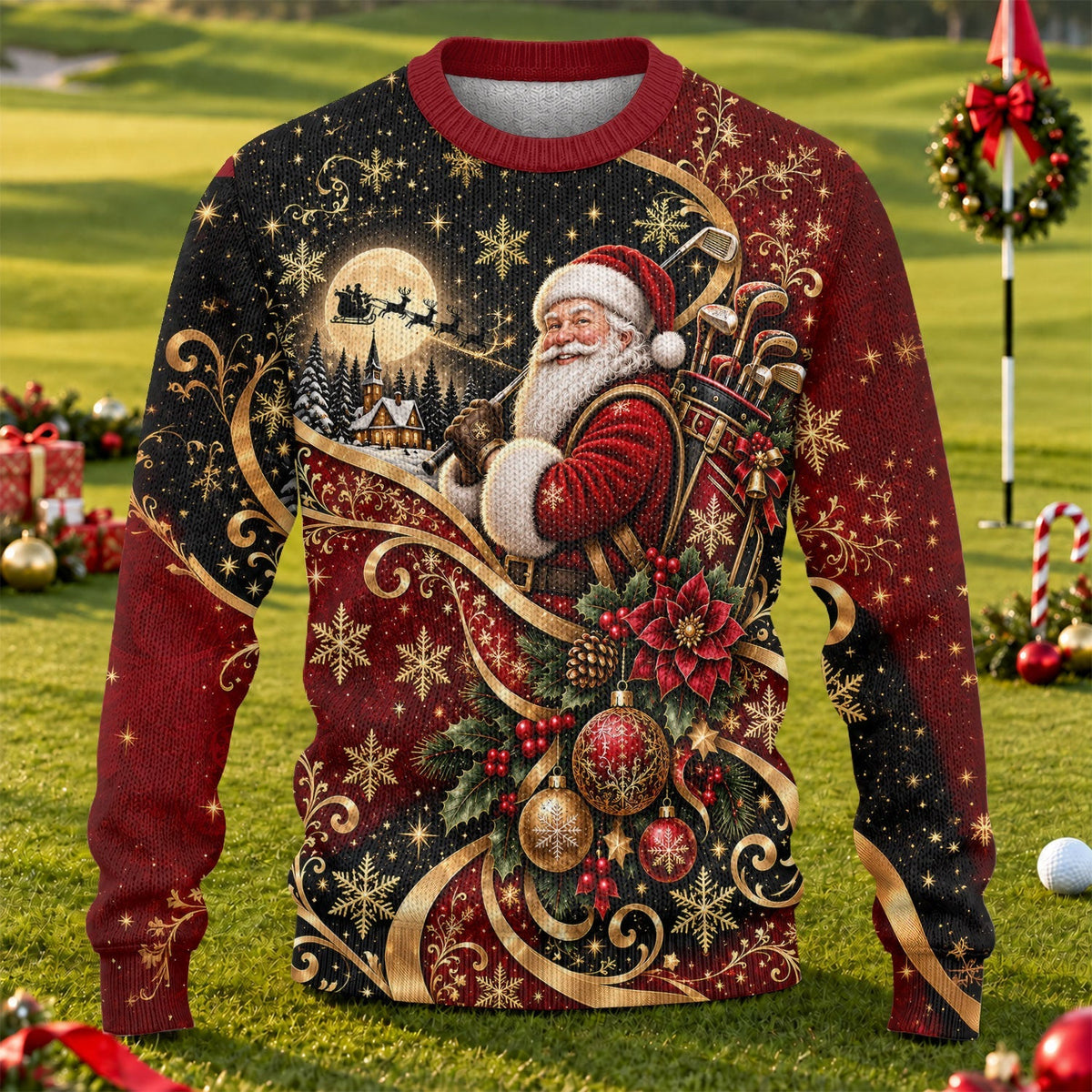 Golden Swirl Santa Golfer Ugly Christmas Sweater, Christmas Gifts, Ugly Sweater Party