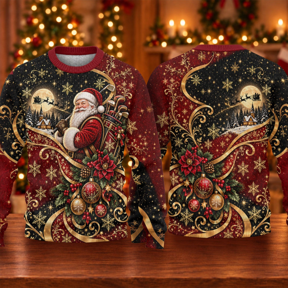 Golden Swirl Santa Golfer Ugly Christmas Sweater, Christmas Gifts, Ugly Sweater Party