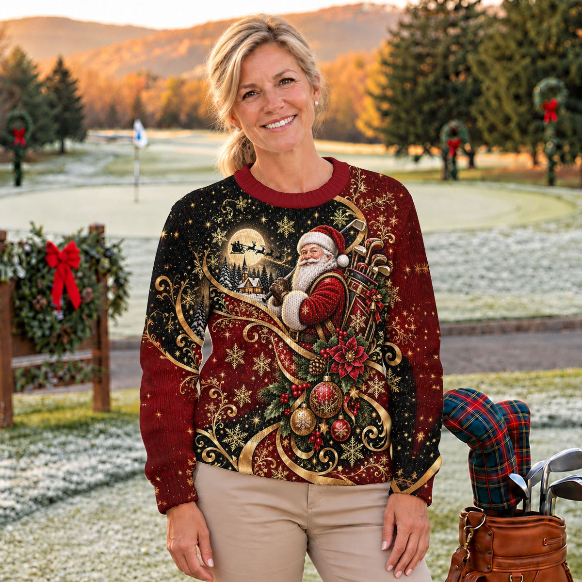 Golden Swirl Santa Golfer Ugly Christmas Sweater, Christmas Gifts, Ugly Sweater Party
