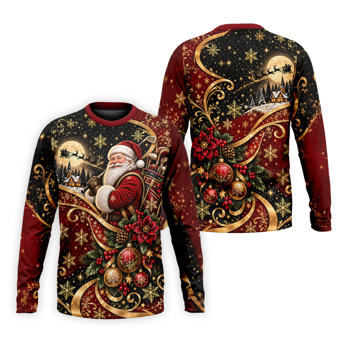 Golden Swirl Santa Golfer Christmas Golf Shirt, Mens Golf Polo, Golf Shirts For Men