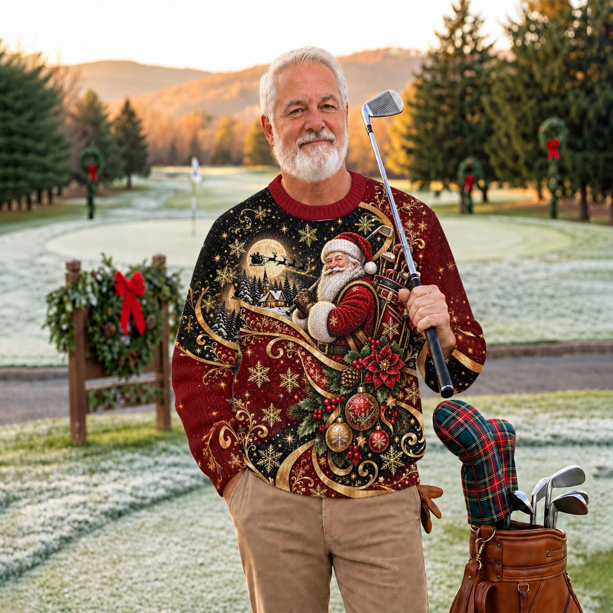Golden Swirl Santa Golfer Ugly Christmas Sweater, Christmas Gifts, Ugly Sweater Party