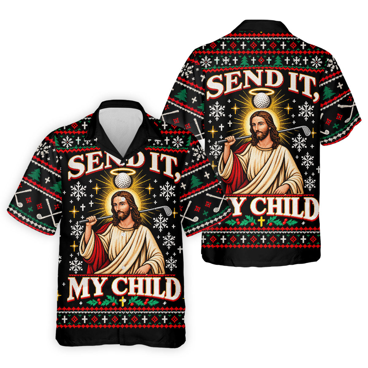 Send It Golf Halo Jesus Christmas Golf Shirt, Mens Golf Apparel, Golf Gifts For Men