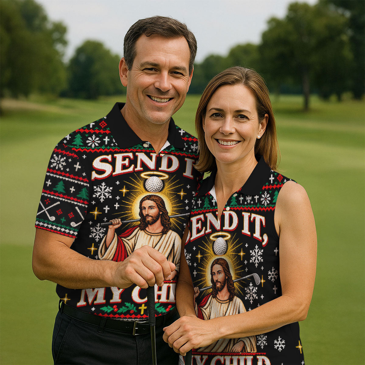 Send It Golf Halo Jesus Christmas Golf Shirt, Mens Golf Apparel, Golf Gifts For Men
