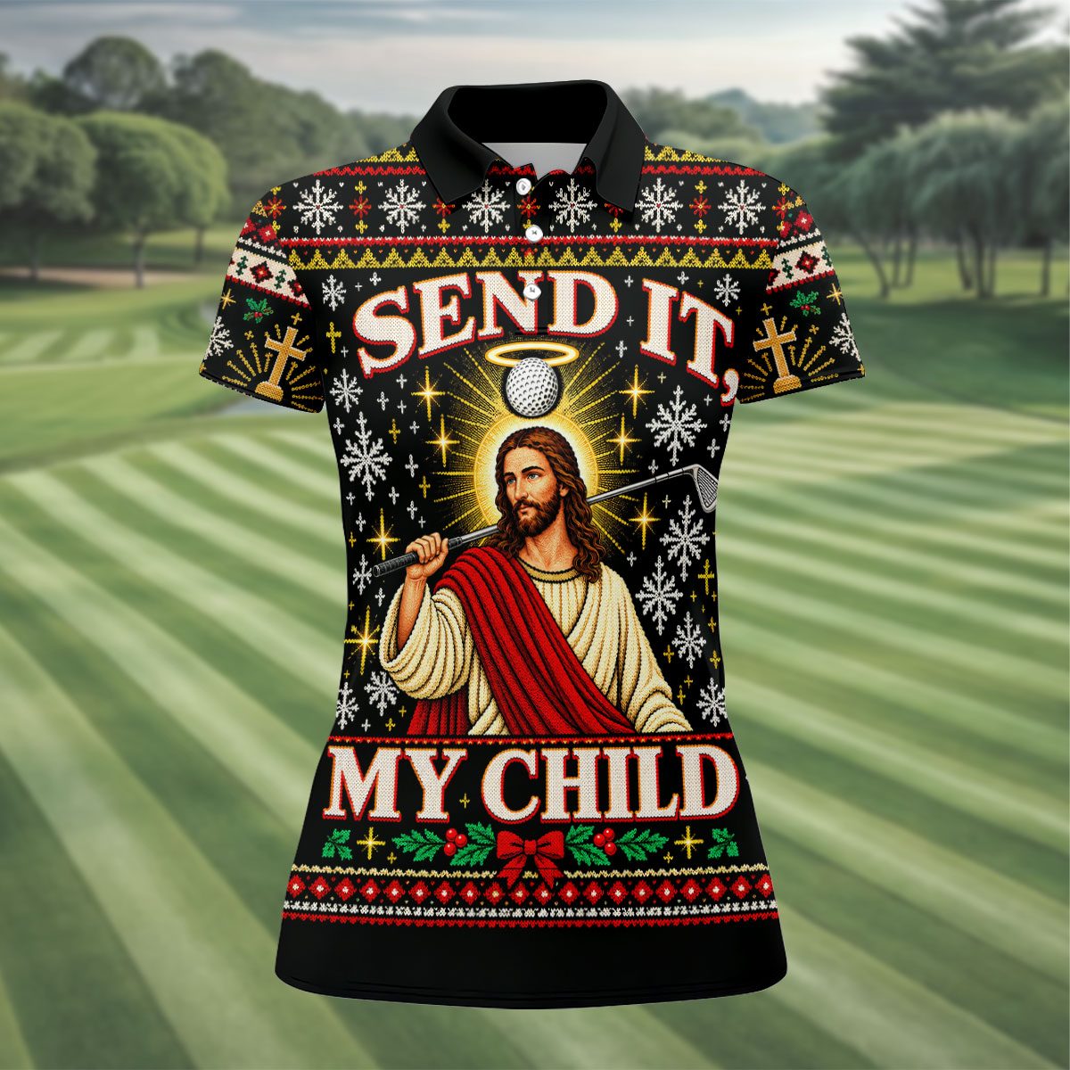 Send It My Child Jesus Christmas Golf Shirt, Ladies Golf Apparel, Womens Golf Apparel