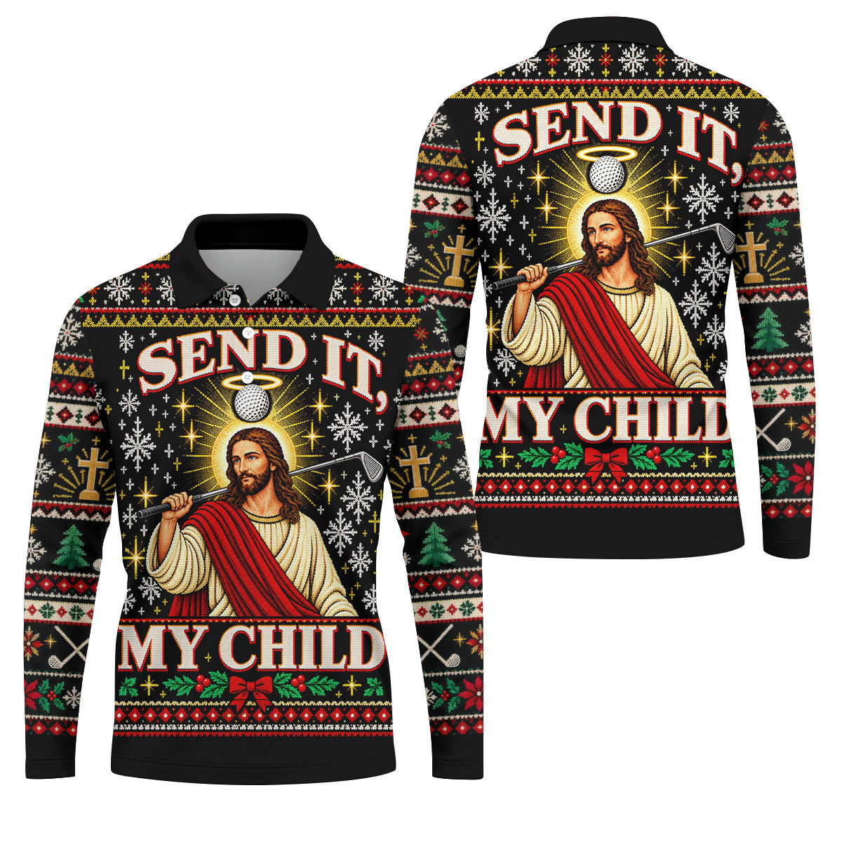 Send It My Child Jesus Christmas Golf Shirt, Mens Golf Polo, Mens Holiday Golf Shirts