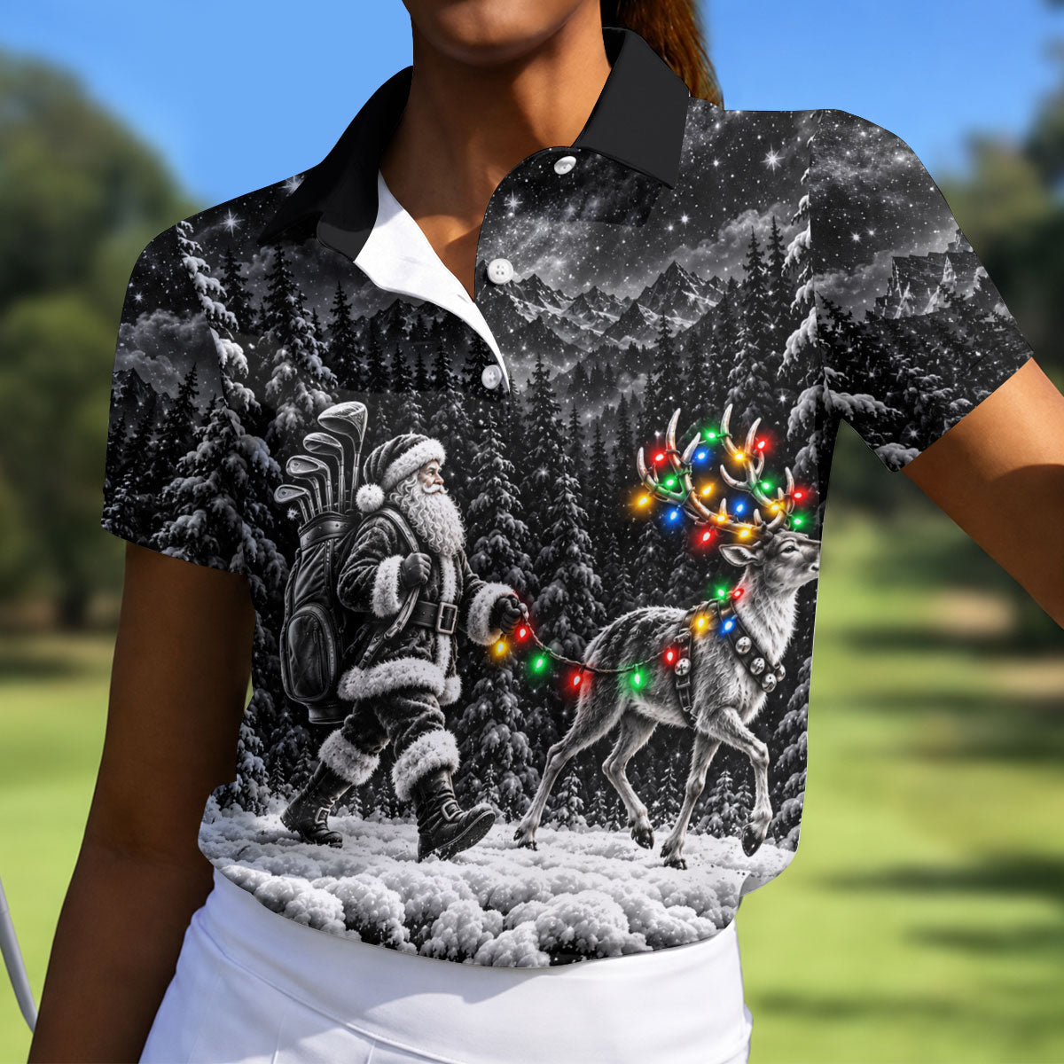 Santa Reindeer Lights Christmas Golf Shirt, Golf Gifts For Women, Womens Golf Shirts