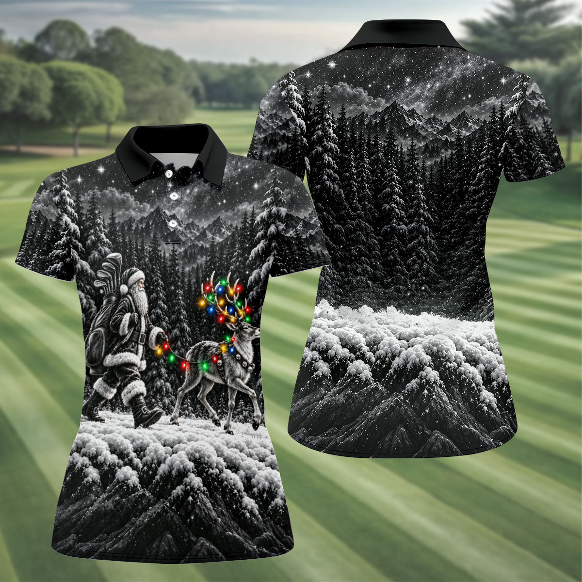 Santa Reindeer Lights Christmas Golf Shirt, Golf Gifts For Women, Womens Golf Shirts