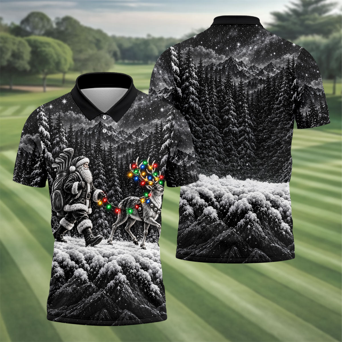 Santa Reindeer Lights Christmas Golf Shirt, Golf Polo For Men, Funny Mens Golf Shirts