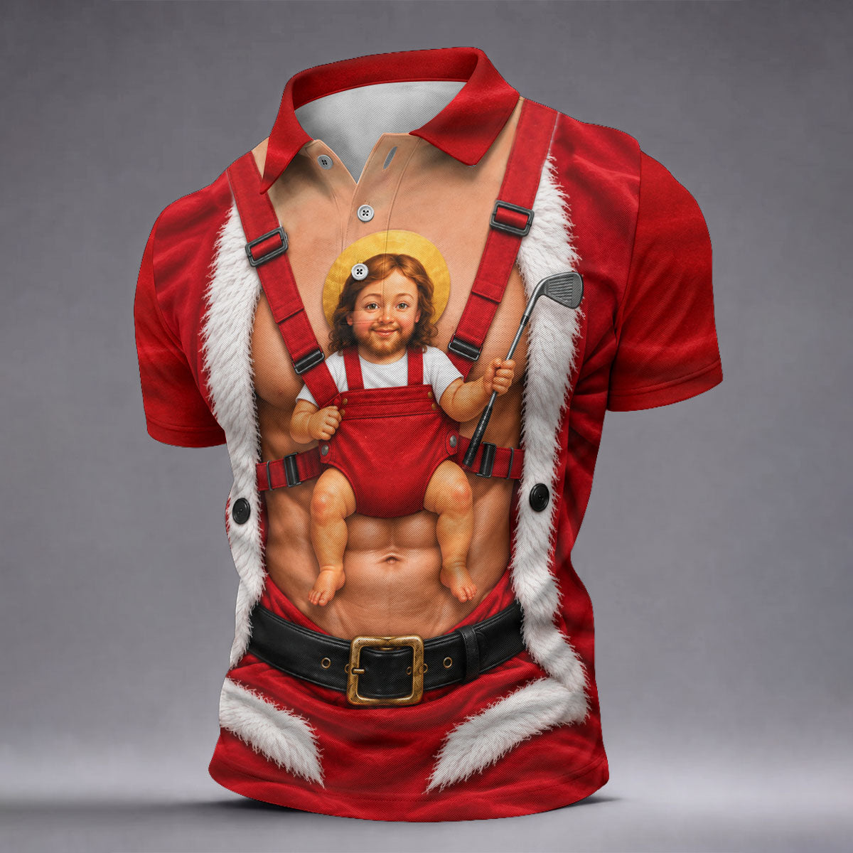 Santa Abs Baby Carrier Christmas Golf Shirt, Mens Golf Clothing, Golf Shirts For Men