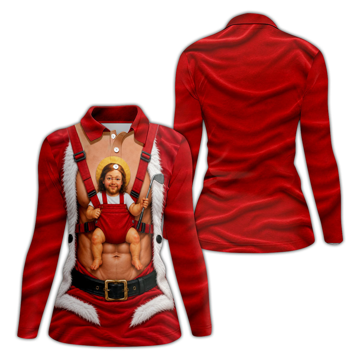 Santa Abs Baby Carrier Christmas Golf Shirt, Golf Shirts For Women, Womens Golf Tops