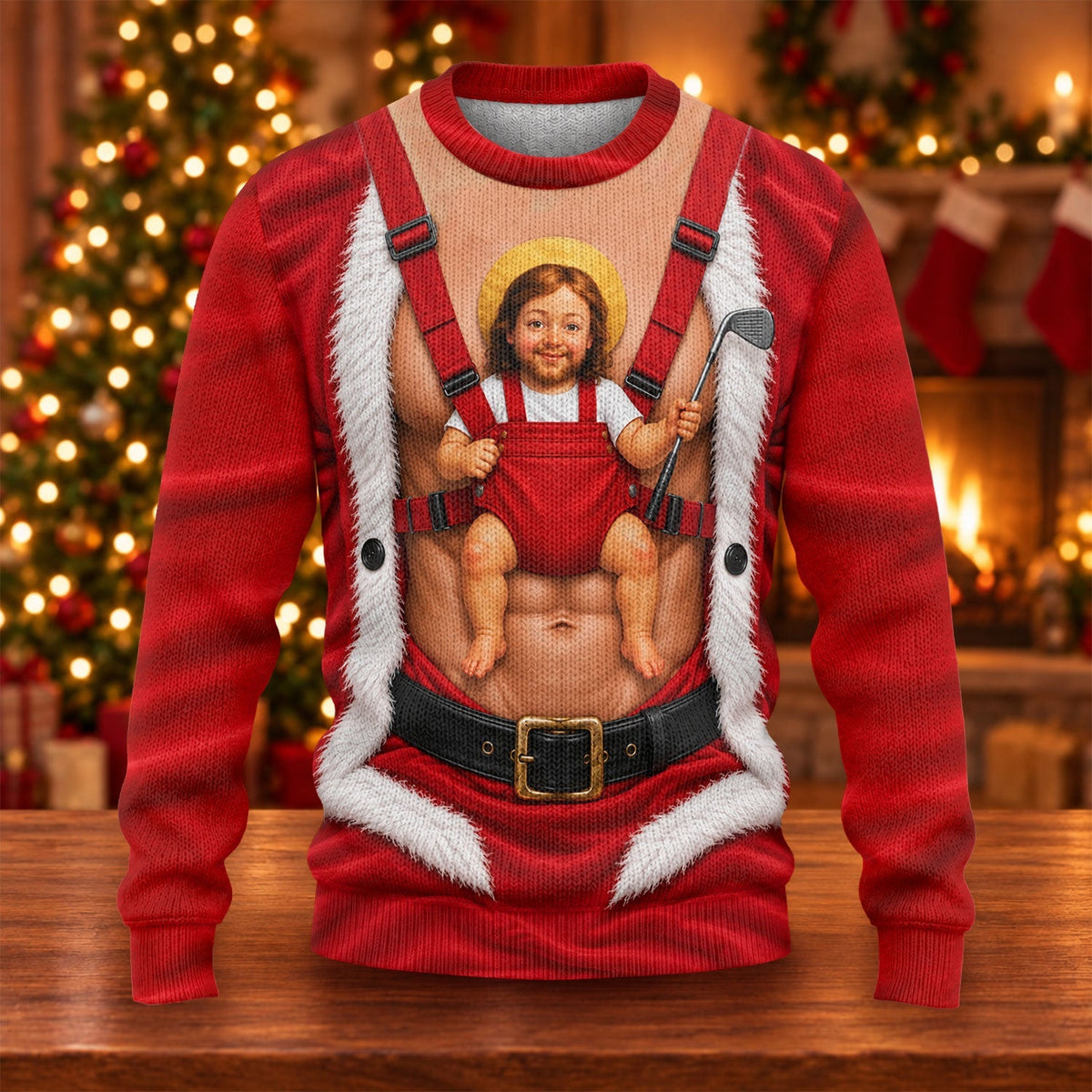 Santa Abs Baby Carrier Ugly Christmas Sweater, Funny Holiday Sweater, Funny Xmas Gift