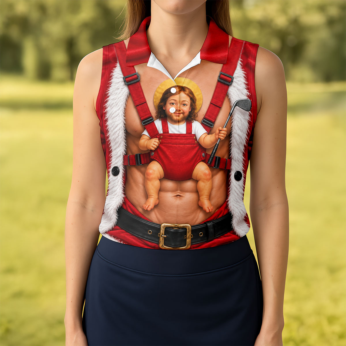 Santa Abs Baby Carrier Christmas Golf Shirt, Golf Shirts For Women, Womens Golf Tops