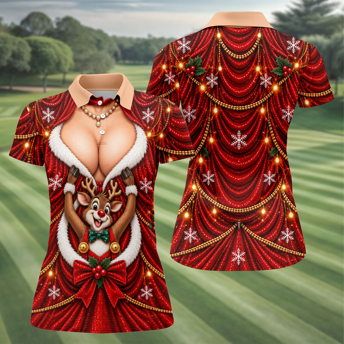 Busty Reindeer Santa Suit Christmas Golf Shirt, Womens Golf Tops, Ladies Golf Shirts