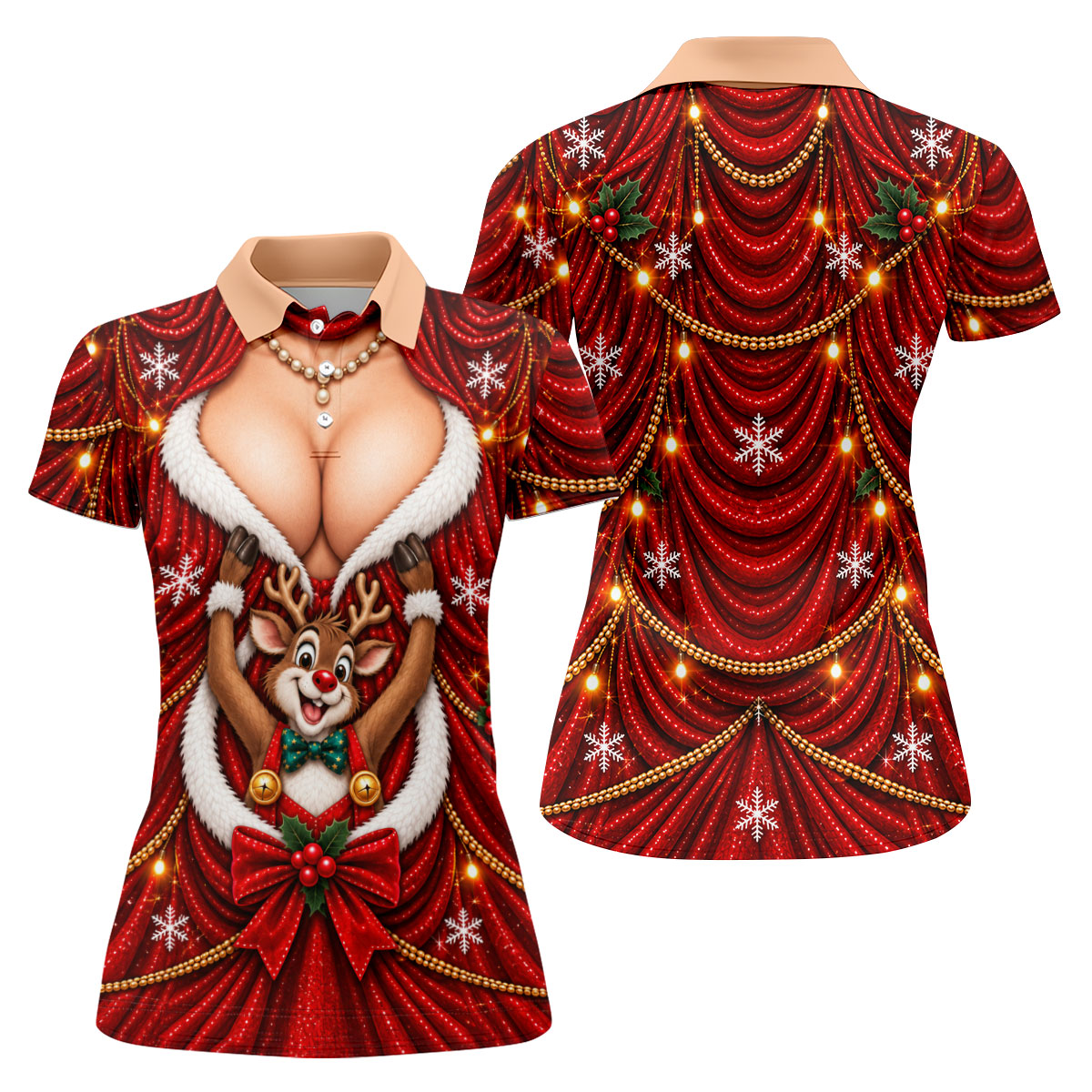 Busty Reindeer Santa Suit Christmas Golf Shirt, Womens Golf Tops, Ladies Golf Shirts