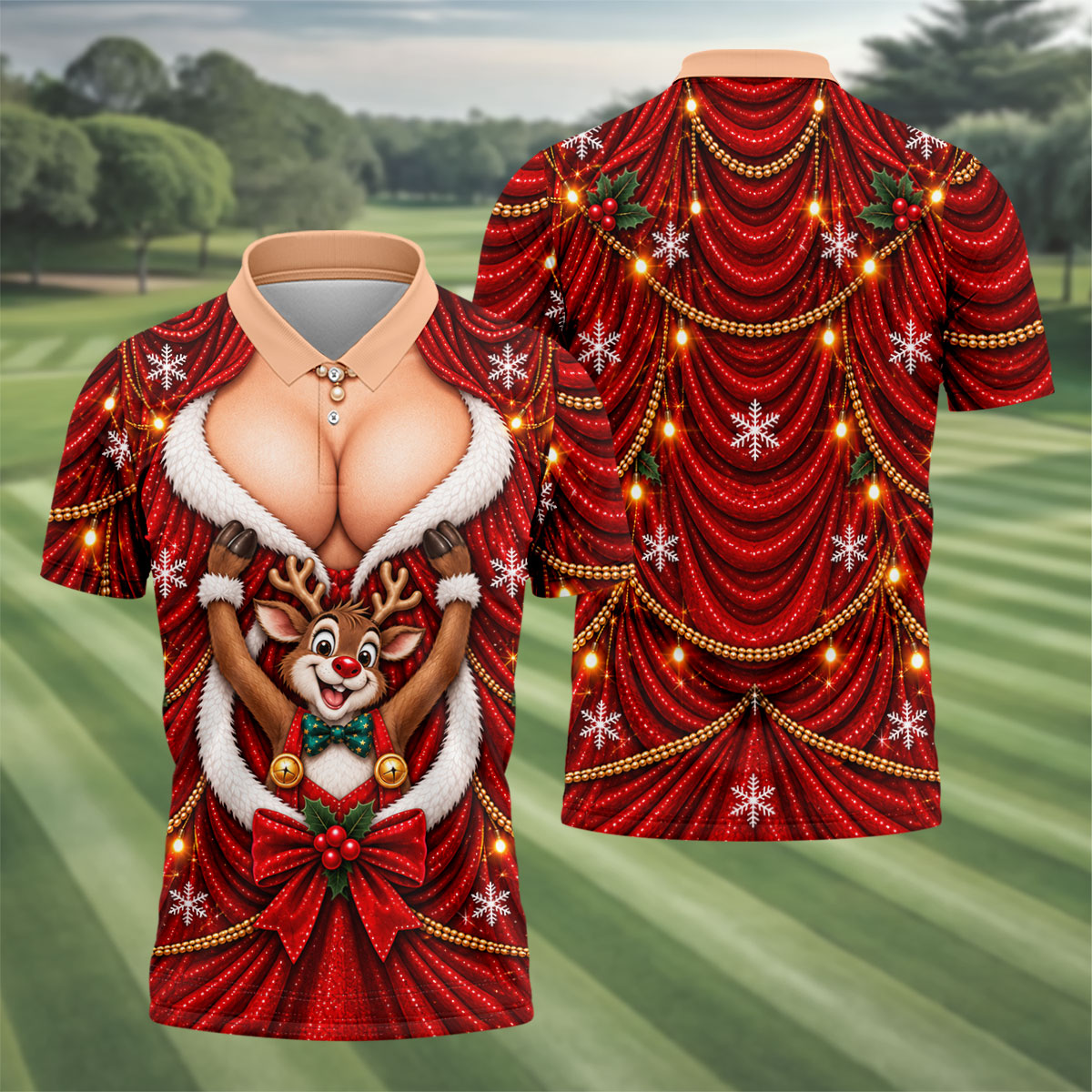 Busty Reindeer Santa Suit Christmas Golf Shirt, Mens Golf Polo, Golf Shirts For Men