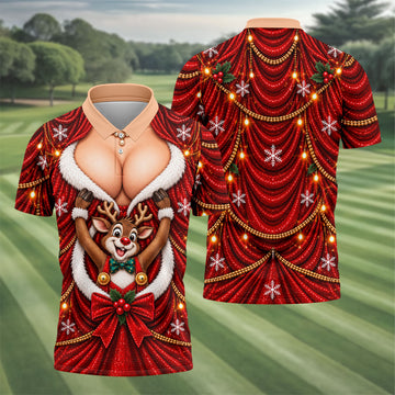 Busty Reindeer Santa Suit Christmas Golf Shirt, Mens Golf Polo, Golf Shirts For Men