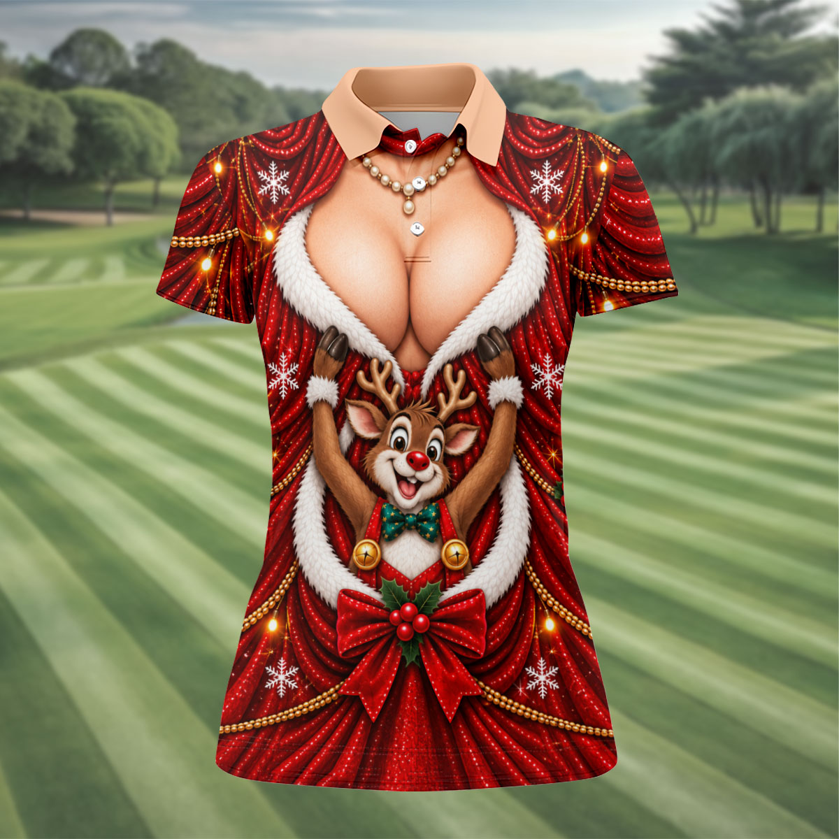 Busty Reindeer Santa Suit Christmas Golf Shirt, Womens Golf Tops, Ladies Golf Shirts