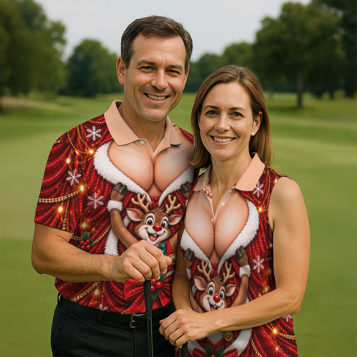 Busty Reindeer Santa Suit Christmas Golf Shirt, Mens Golf Polo, Golf Shirts For Men