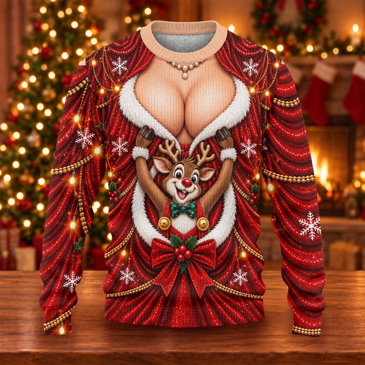 Busty Reindeer Santa Suit Ugly Christmas Sweater, Ugly Sweater Party, Funny Xmas Gift