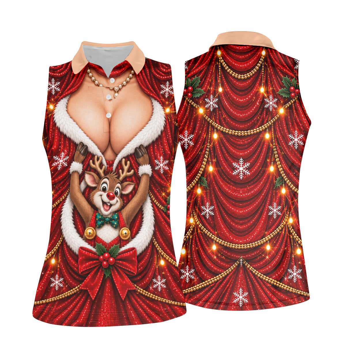 Busty Reindeer Santa Suit Christmas Golf Shirt, Womens Golf Tops, Ladies Golf Shirts