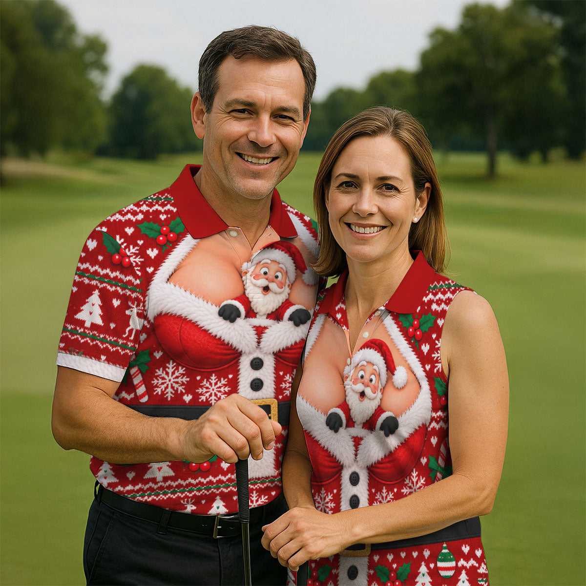 Santa Peeking Busty Knit Christmas Golf Shirt, Funny Mens Golf Shirts, Mens Golf Polo