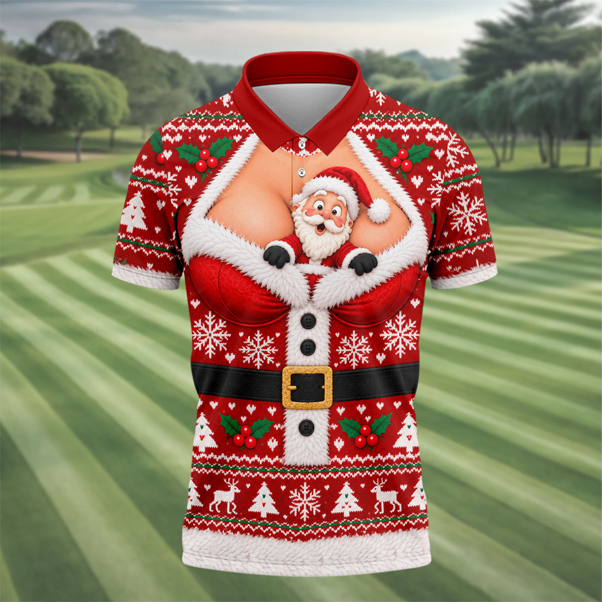 Santa Peeking Busty Knit Christmas Golf Shirt, Funny Mens Golf Shirts, Mens Golf Polo