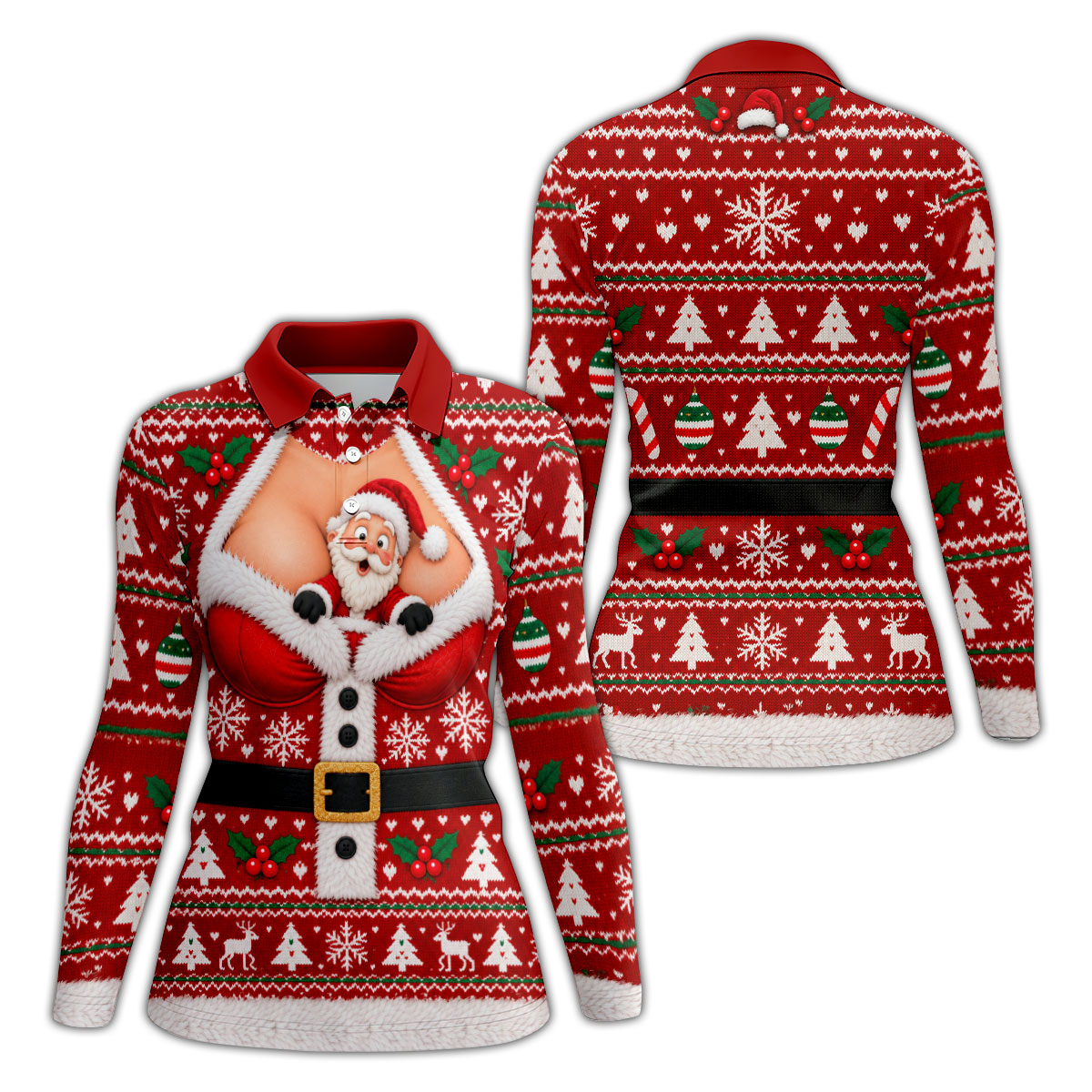 Santa Peeking Busty Knit Christmas Golf Shirt, Ladies Golf Tops, Golf Gifts For Women
