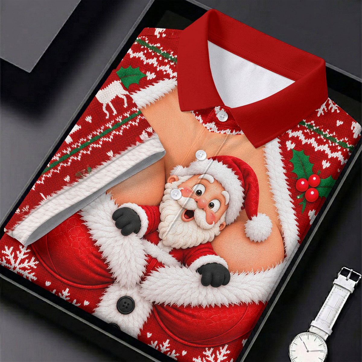 Santa Peeking Busty Knit Christmas Golf Shirt, Funny Mens Golf Shirts, Mens Golf Polo