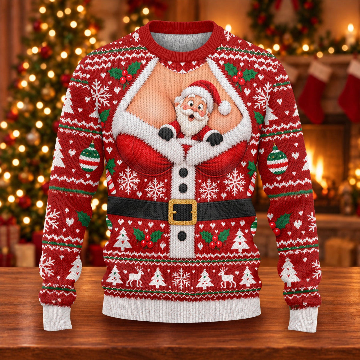Santa Peeking Busty Knit Ugly Christmas Sweater, Christmas Gifts, Ugly Sweater Party