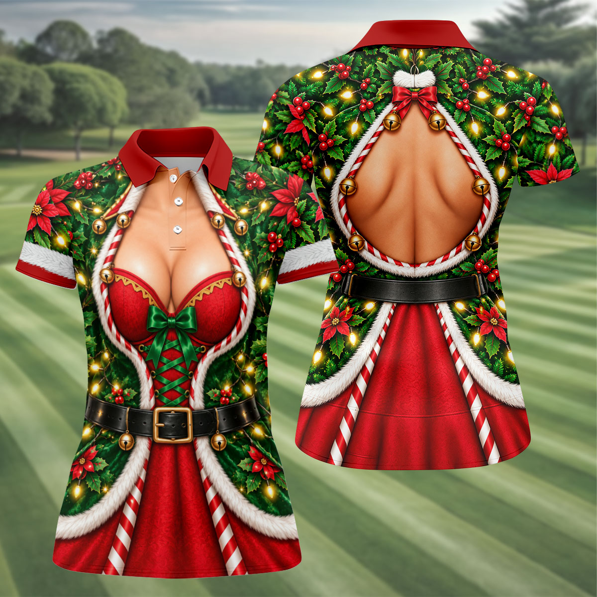 Holly Corset Busty Dress Christmas Golf Shirt, Ladies Golf Shirts, Womens Golf Shirts