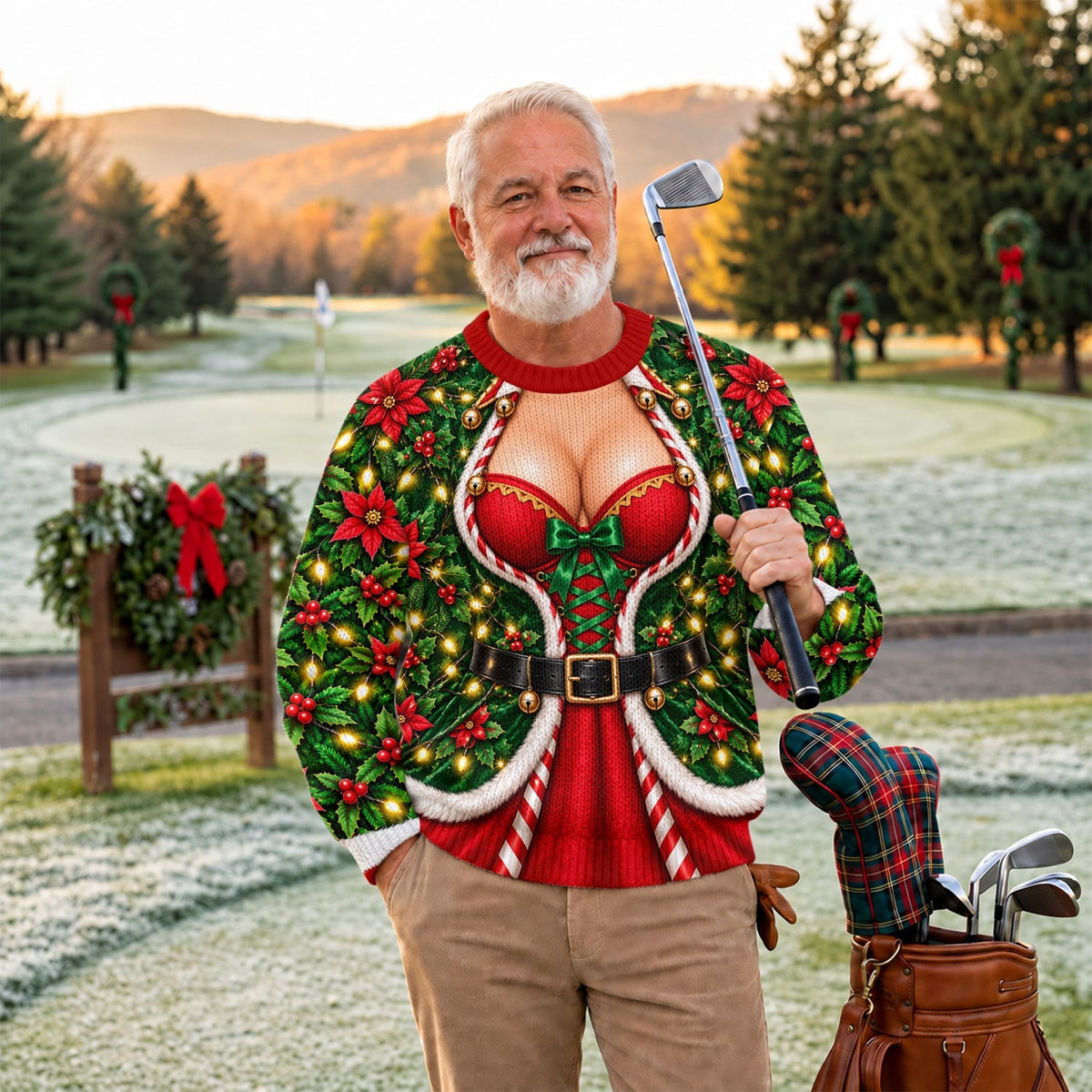 Holly Corset Busty Dress Ugly Christmas Sweater, Funny Xmas Gift, Christmas Golf Gift