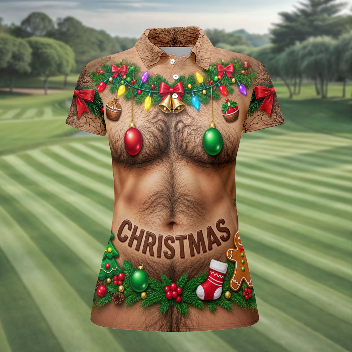 Hairy Chest Ornaments Christmas Golf Shirt, Ladies Golf Apparel, Womens Golf Clothing
