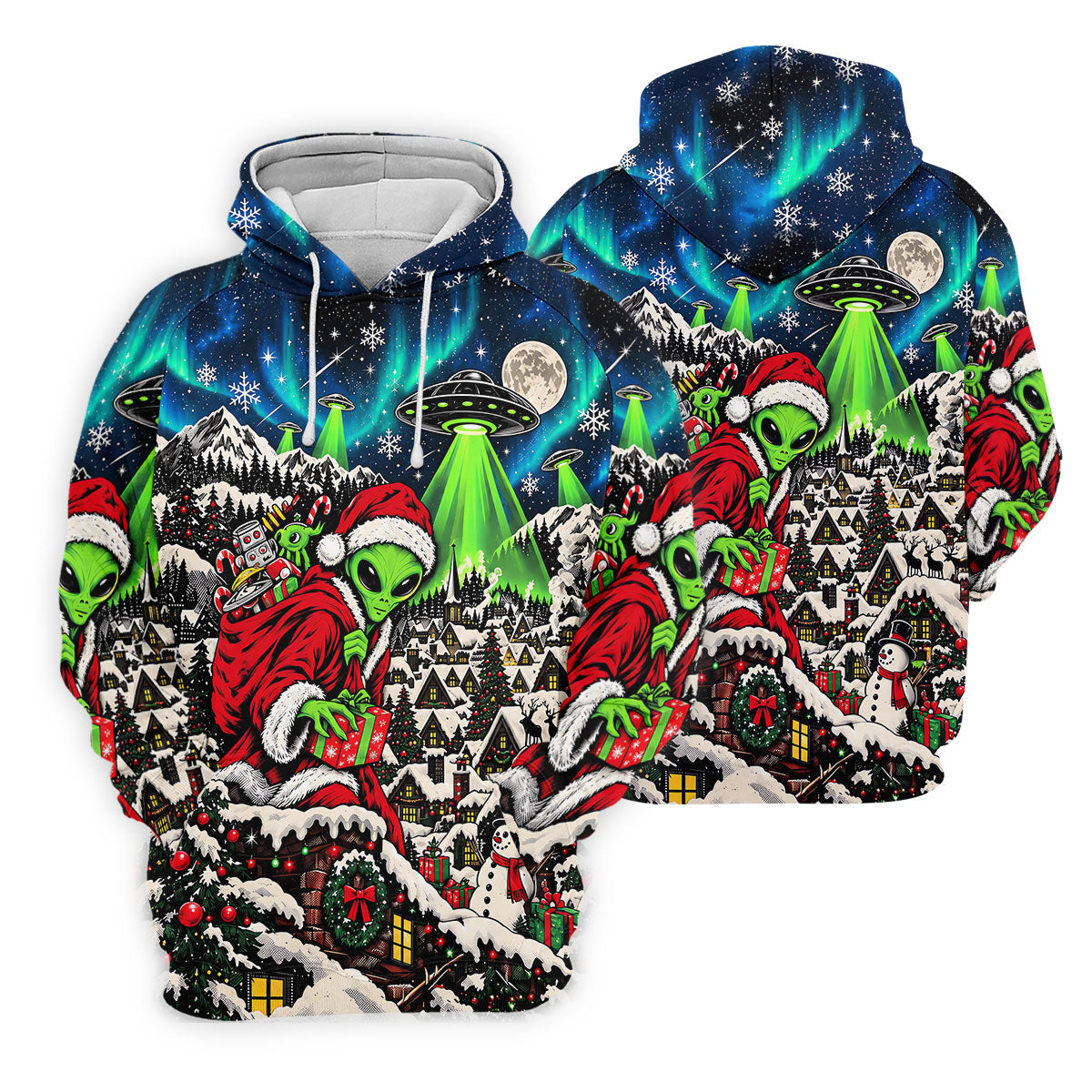 Alien Santa UFO Aurora Christmas Golf Shirt, Mens Golf Polo, Mens Holiday Golf Shirts