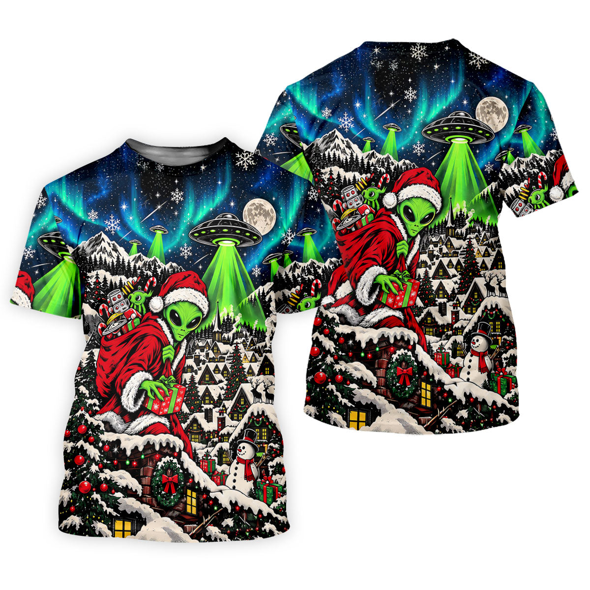 Alien Santa UFO Aurora Christmas Golf Shirt, Mens Golf Polo, Mens Holiday Golf Shirts