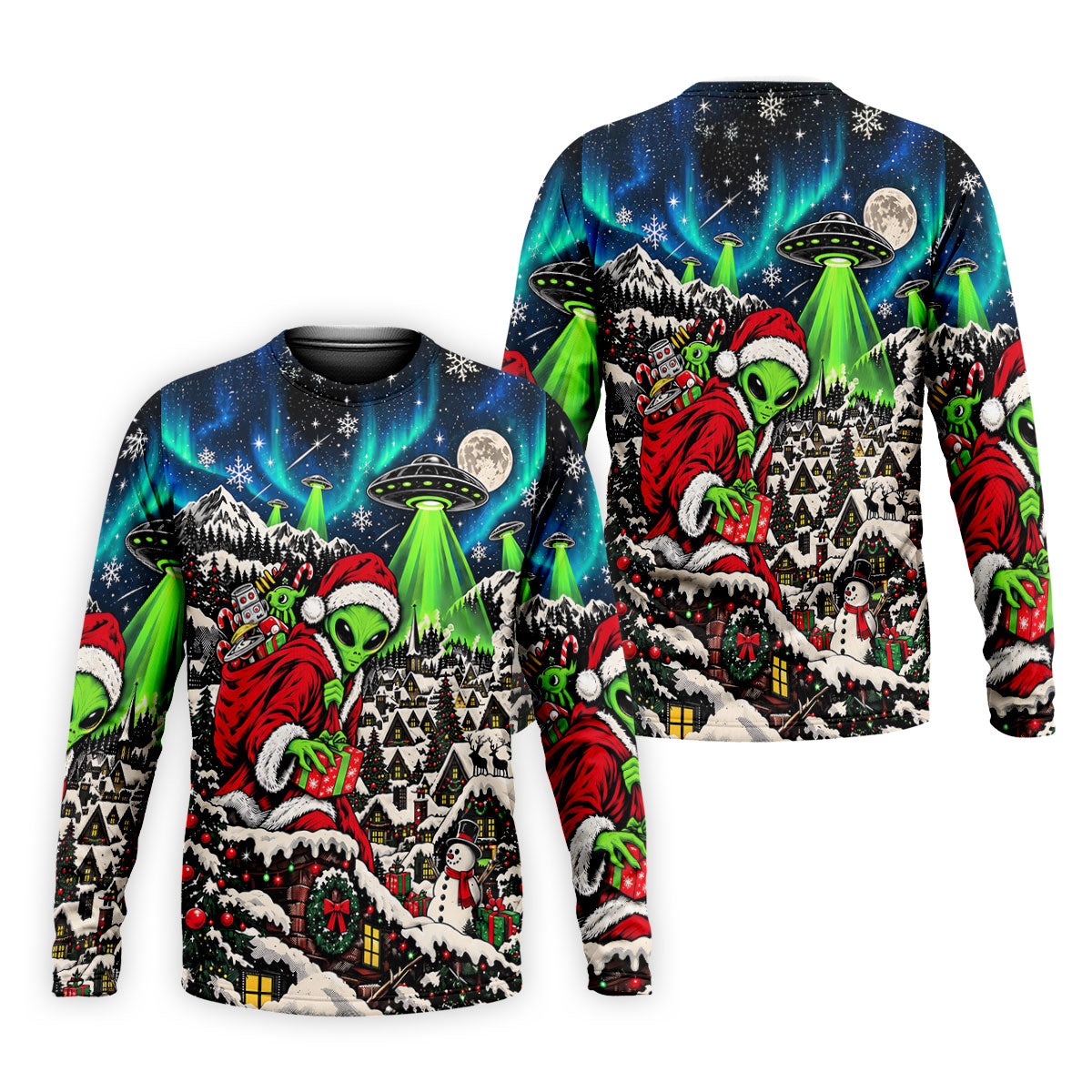 Alien Santa UFO Aurora Christmas Golf Shirt, Mens Golf Polo, Mens Holiday Golf Shirts