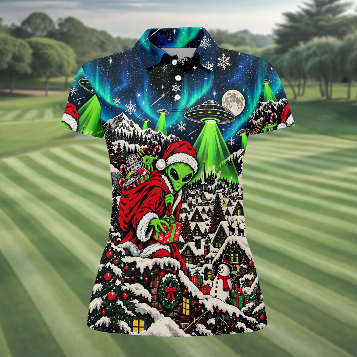 Alien Santa UFO Aurora Christmas Golf Shirt, Womens Golf Shirts, Womens Golf Clothing