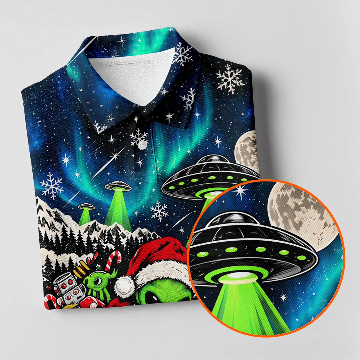 Alien Santa UFO Aurora Christmas Golf Shirt, Mens Golf Polo, Mens Holiday Golf Shirts