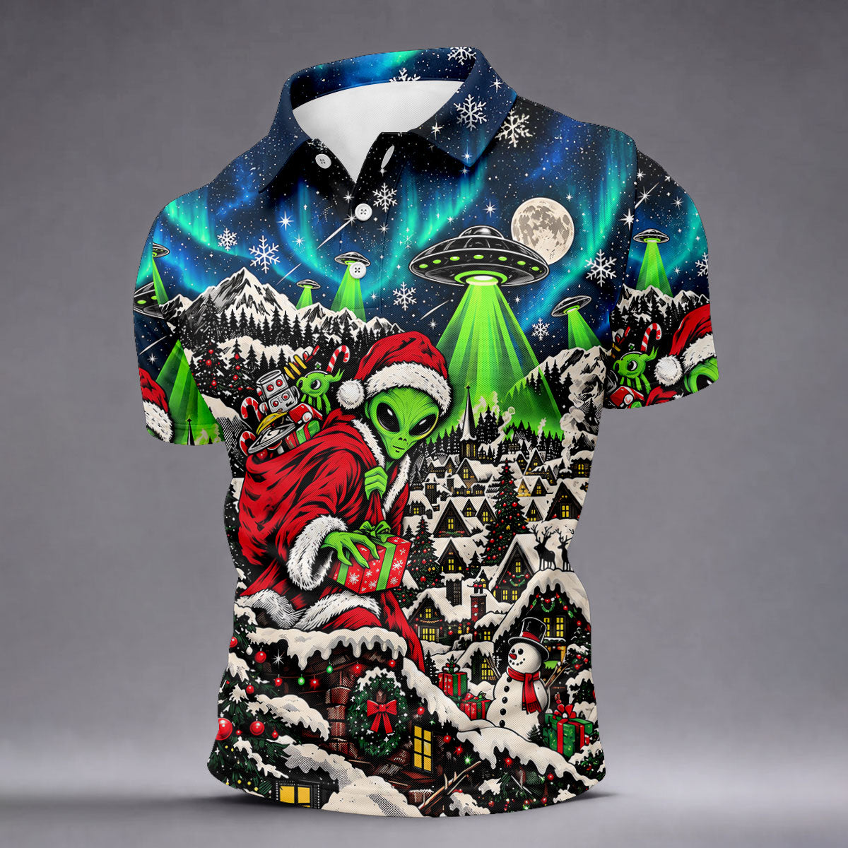 Alien Santa UFO Aurora Christmas Golf Shirt, Mens Golf Polo, Mens Holiday Golf Shirts