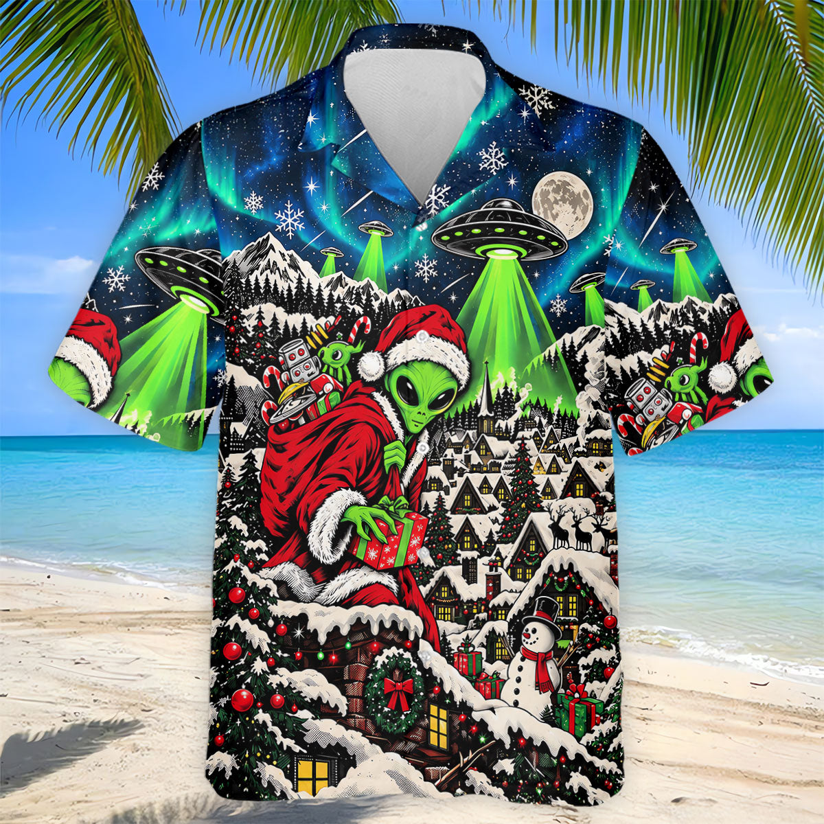 Alien Santa UFO Aurora Christmas Golf Shirt, Mens Golf Polo, Mens Holiday Golf Shirts