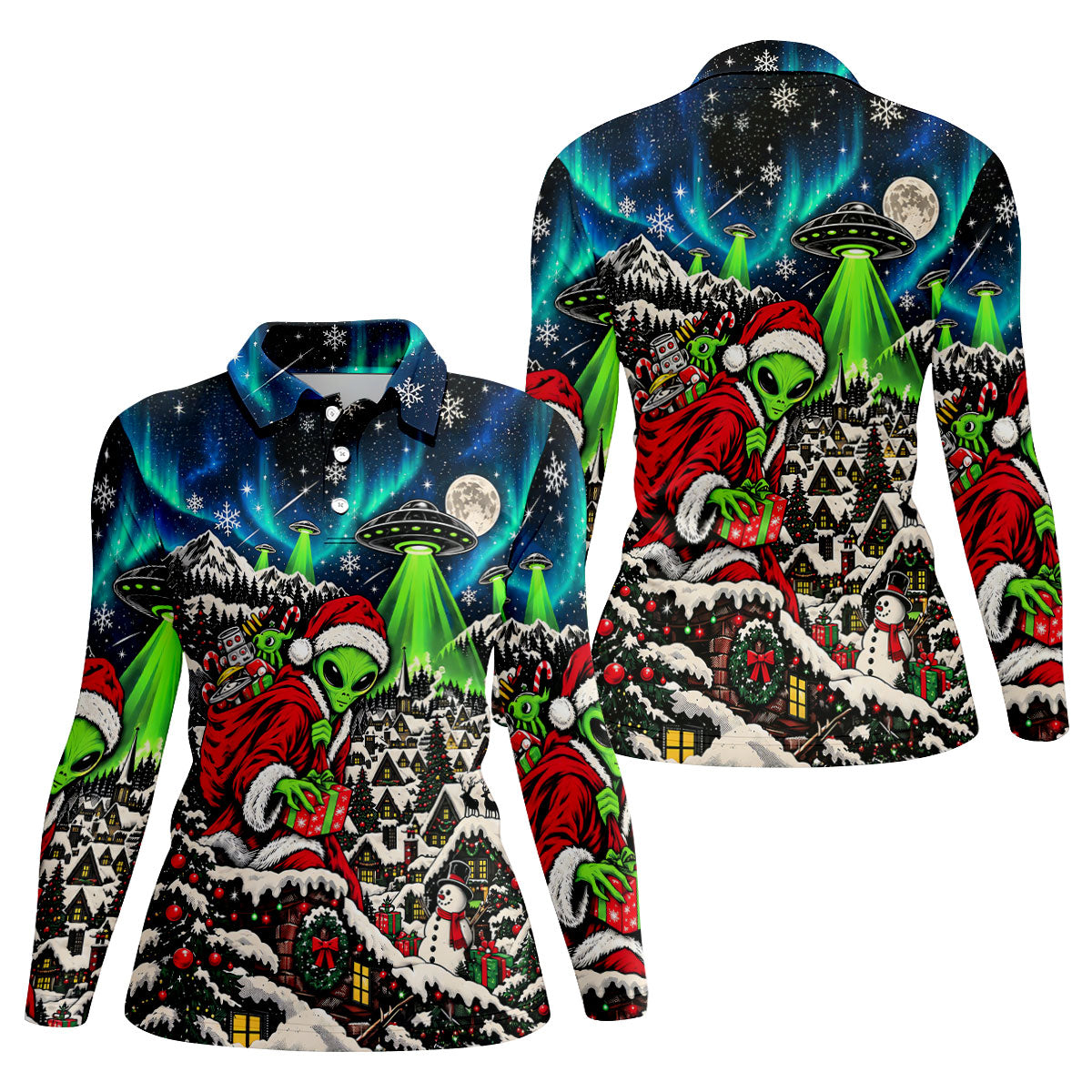 Alien Santa UFO Aurora Christmas Golf Shirt, Womens Golf Shirts, Womens Golf Clothing